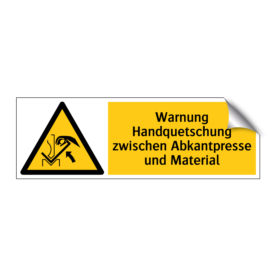 Warnung Handquetschung zwischen Abkantpresse und Material