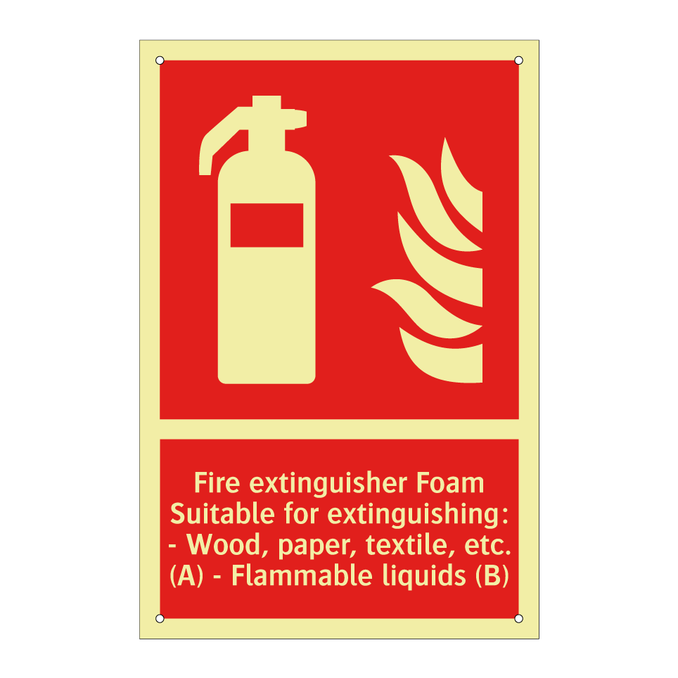 Fire extinguisher Foam Suitable for extinguishing: - Wood, paper, textile, etc. (A) - Flammable liquids (B)