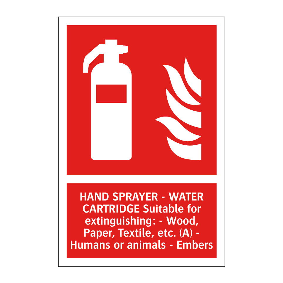 HAND SPRAYER - WATER CARTRIDGE Suitable for extinguishing: - Wood, Paper, Textile, etc. (A) - Humans or animals - Embers