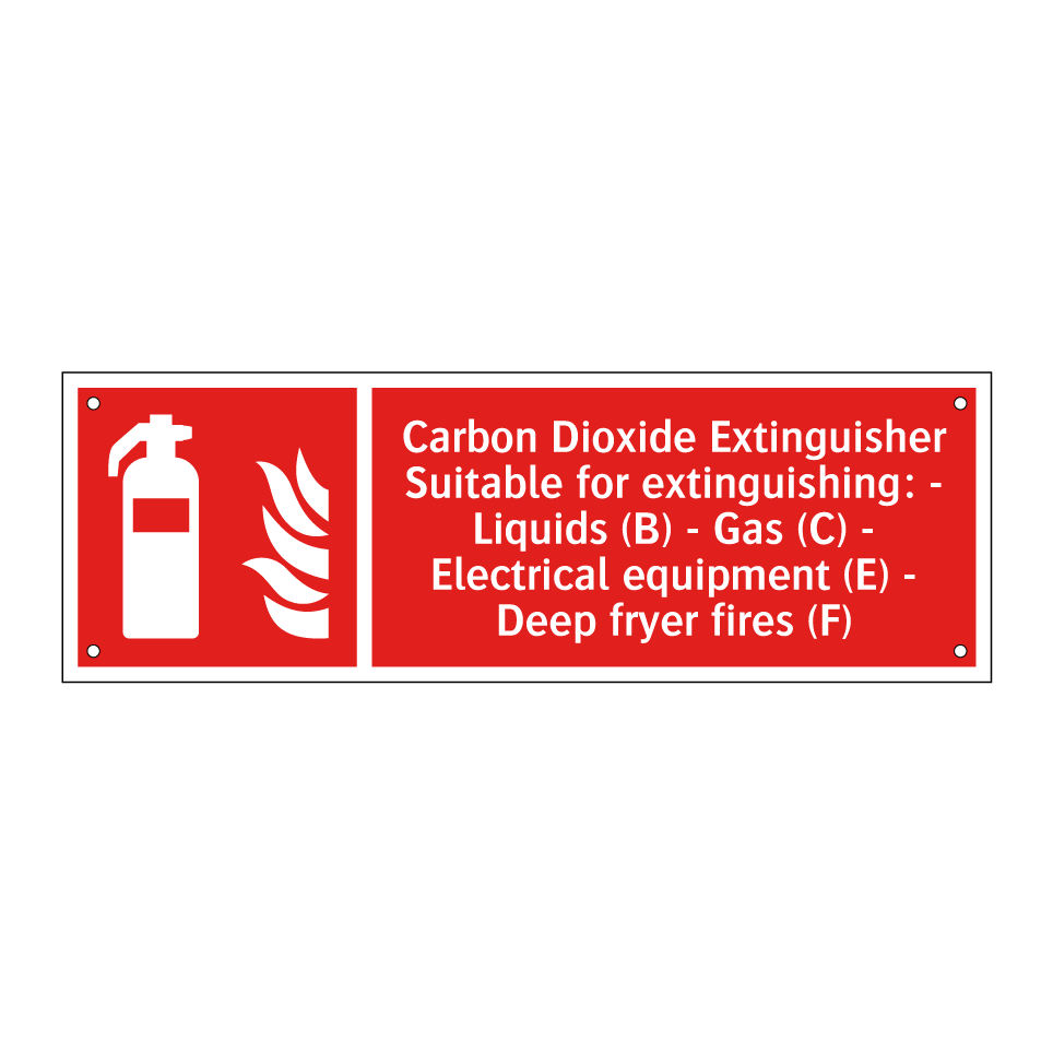 Carbon Dioxide Extinguisher Suitable for extinguishing: - Liquids (B) - Gas (C) - Electrical equipment (E) - Deep fryer fires (F)