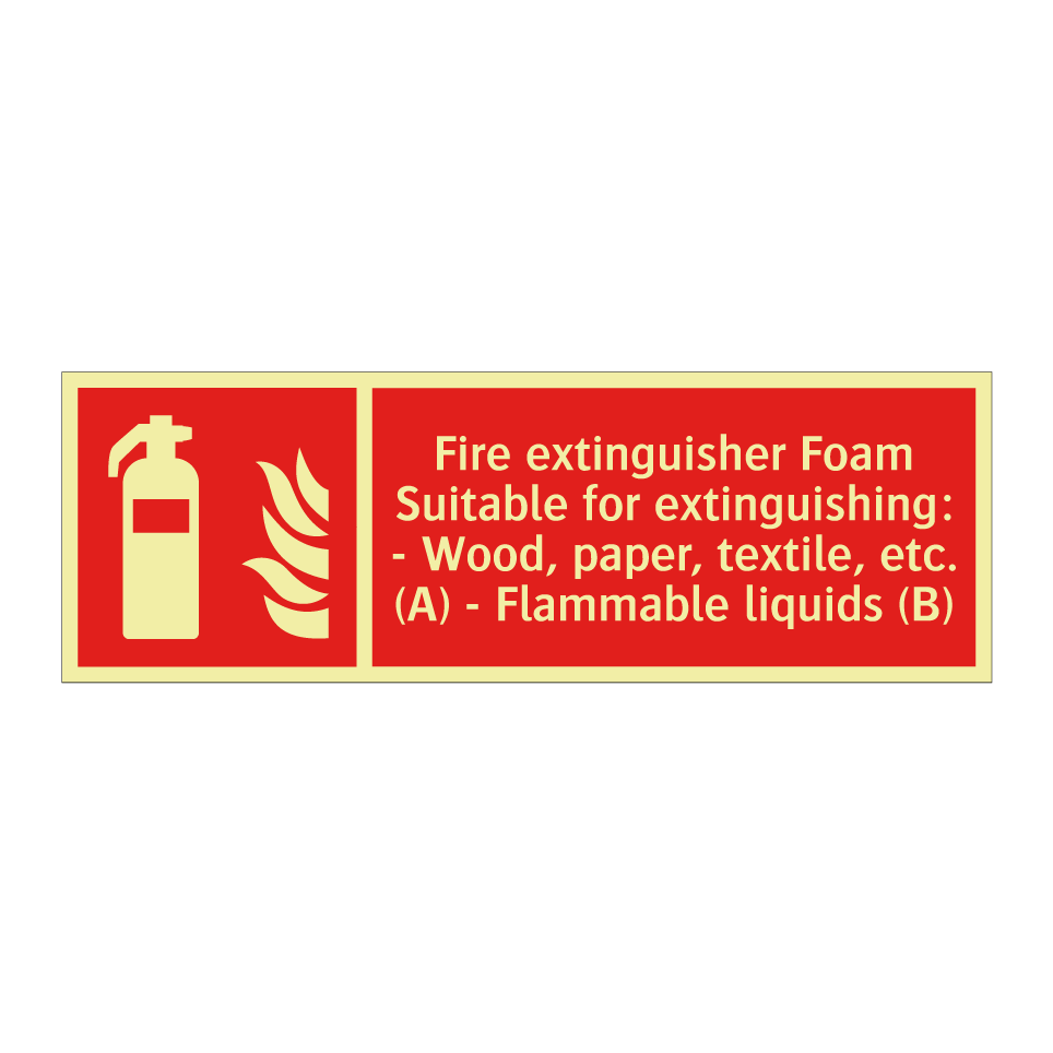 Fire extinguisher Foam Suitable for extinguishing: - Wood, paper, textile, etc. (A) - Flammable liquids (B)
