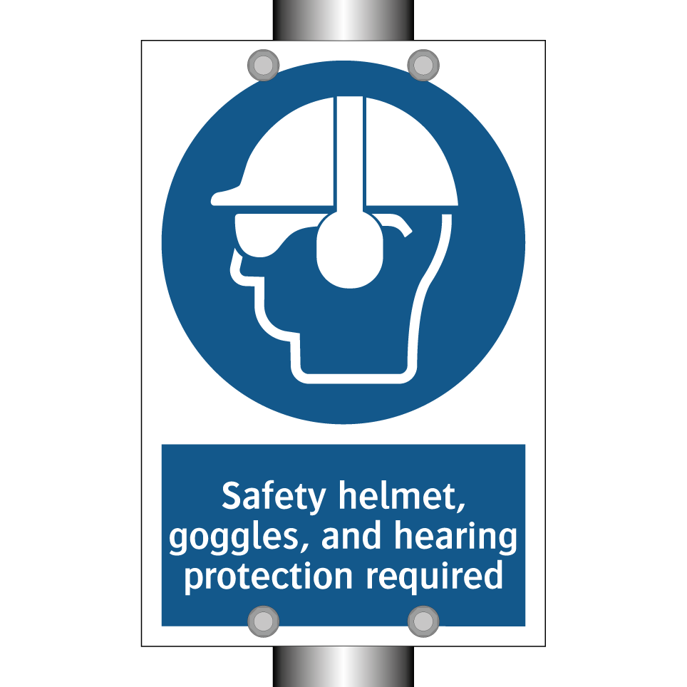 Safety helmet, goggles, and hearing protection required
