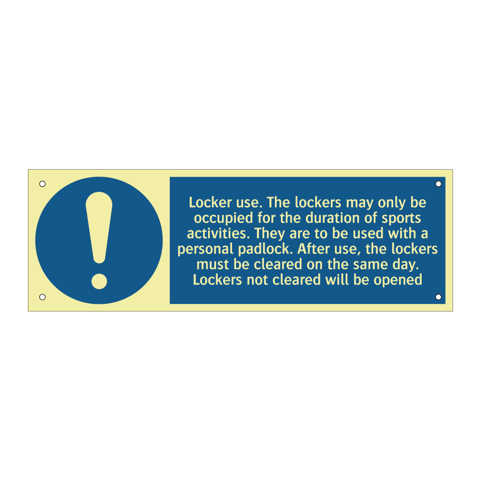 Locker use. The lockers may only be occupied for the duration of sports activities. They are to be used with a personal padlock. After use, the lockers must be cleared on the same day. Lockers not cleared will be opened