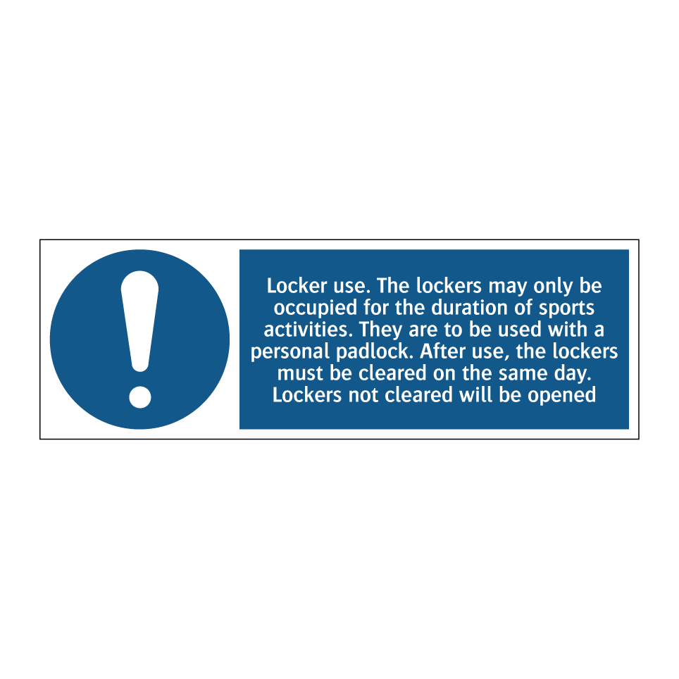 Locker use. The lockers may only be occupied for the duration of sports activities. They are to be used with a personal padlock. After use, the lockers must be cleared on the same day. Lockers not cleared will be opened