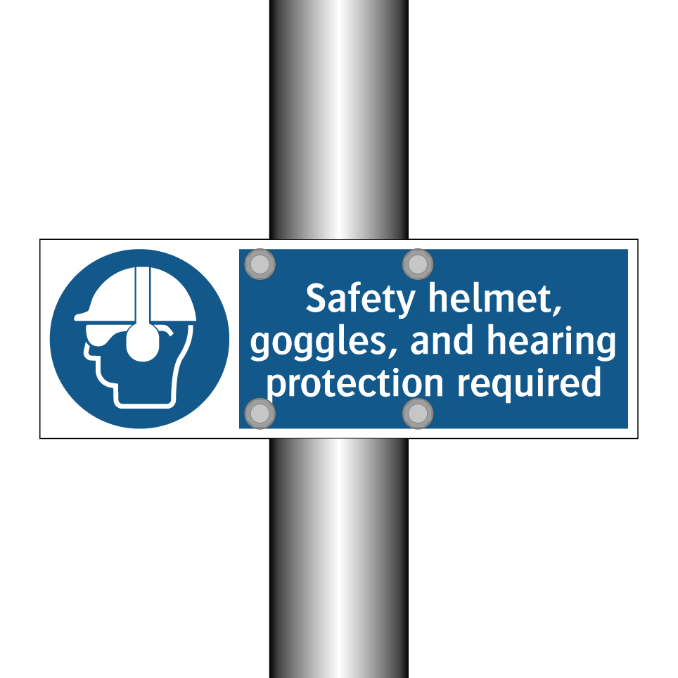 Safety helmet, goggles, and hearing protection required