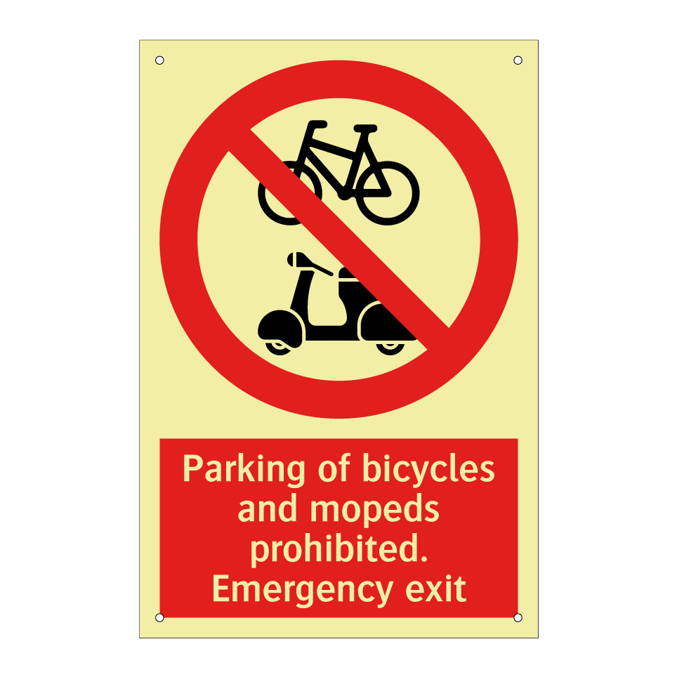 Parking of bicycles and mopeds prohibited. Emergency exit