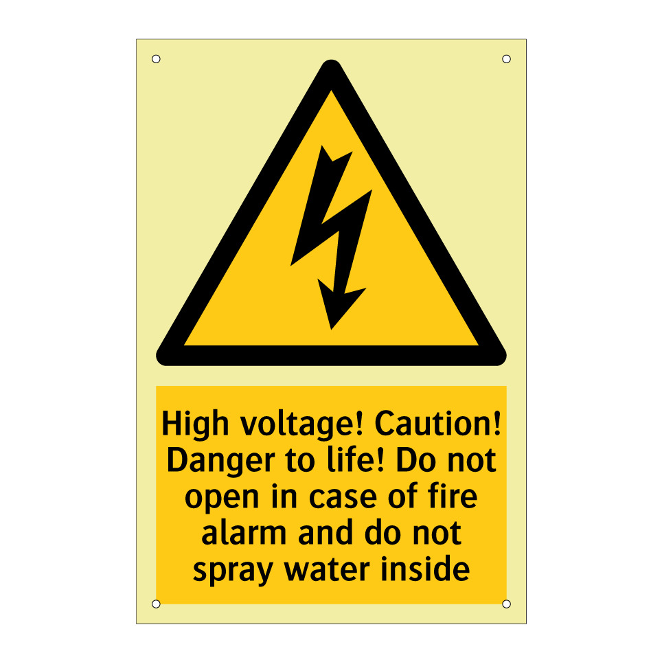High voltage! Caution! Danger to life! Do not open in case of fire alarm and do not spray water inside