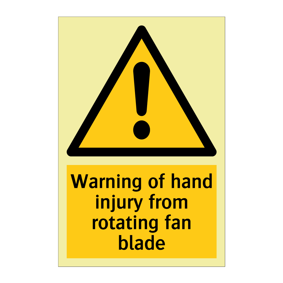 Warning of hand injury from rotating fan blade