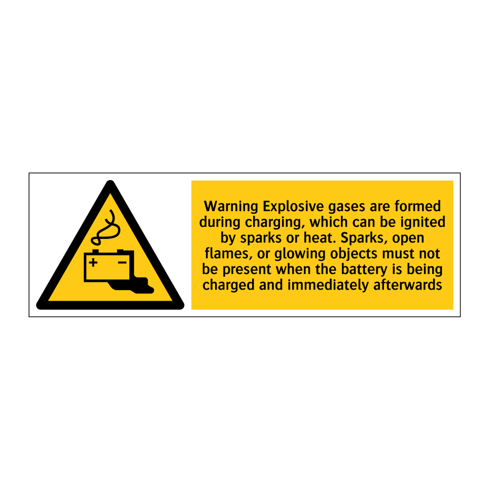 Warning Explosive gases are formed during charging, which can be ignited by sparks or heat. Sparks, open flames, or glowing objects must not be present when the battery is being charged and immediately afterwards