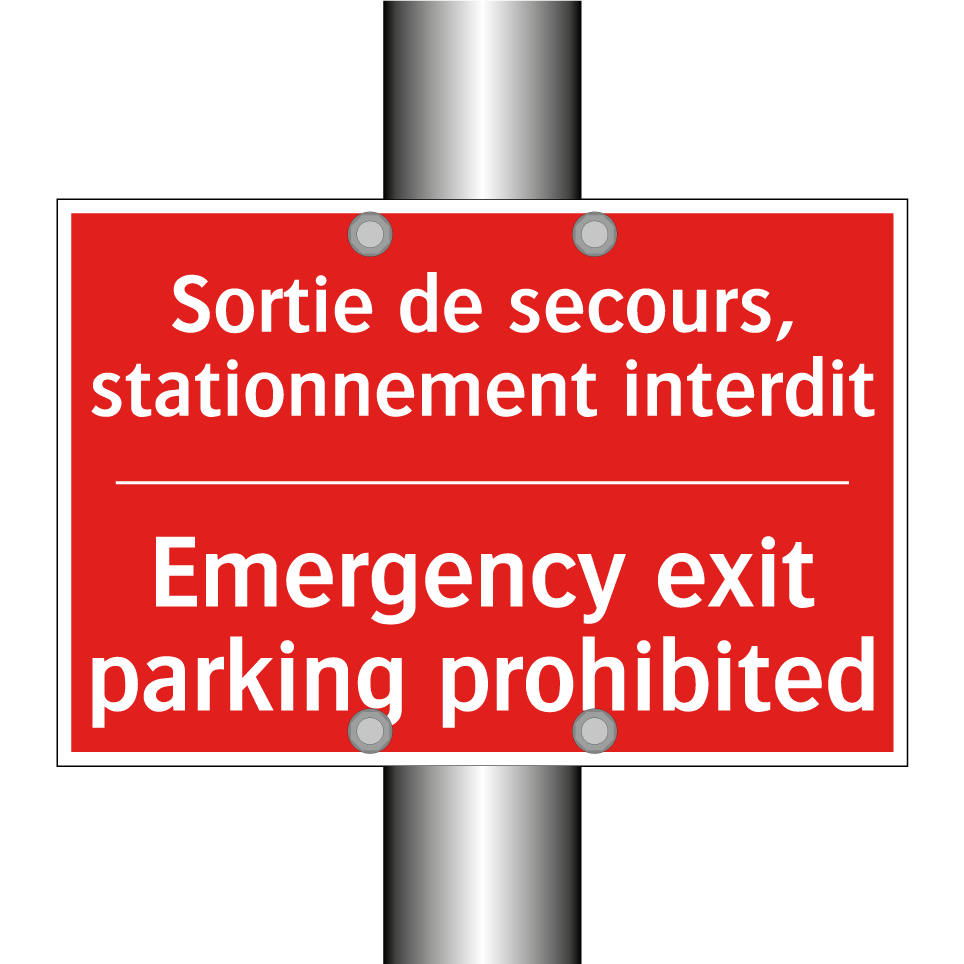 Sortie de secours, stationnement /.../ - Emergency exit parking prohibited /.../
