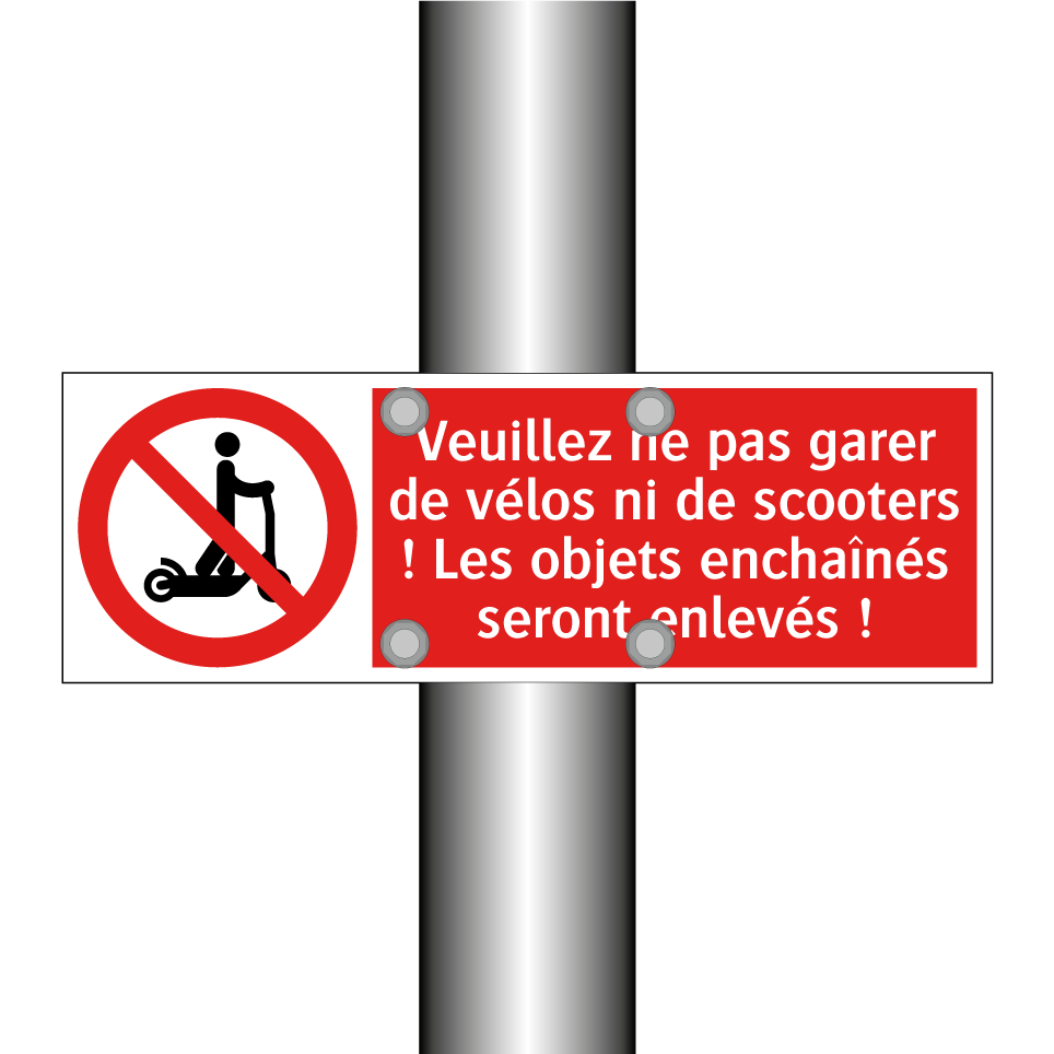 Veuillez ne pas garer de vélos ni de scooters ! Les objets enchaînés seront enlevés !