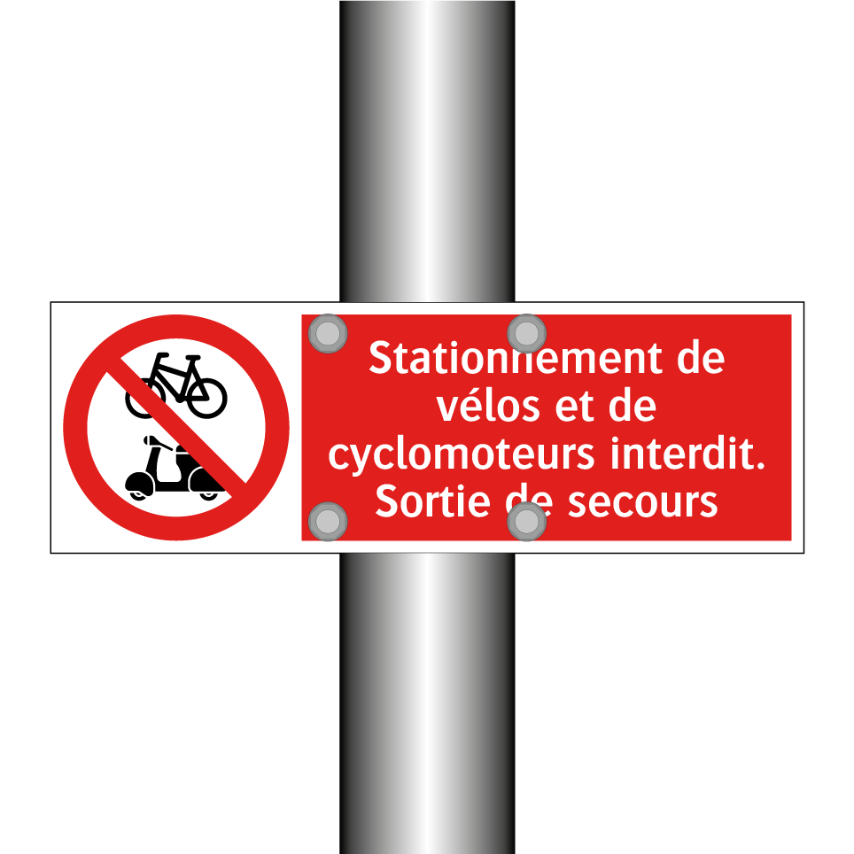 Stationnement de vélos et de cyclomoteurs interdit. Sortie de secours