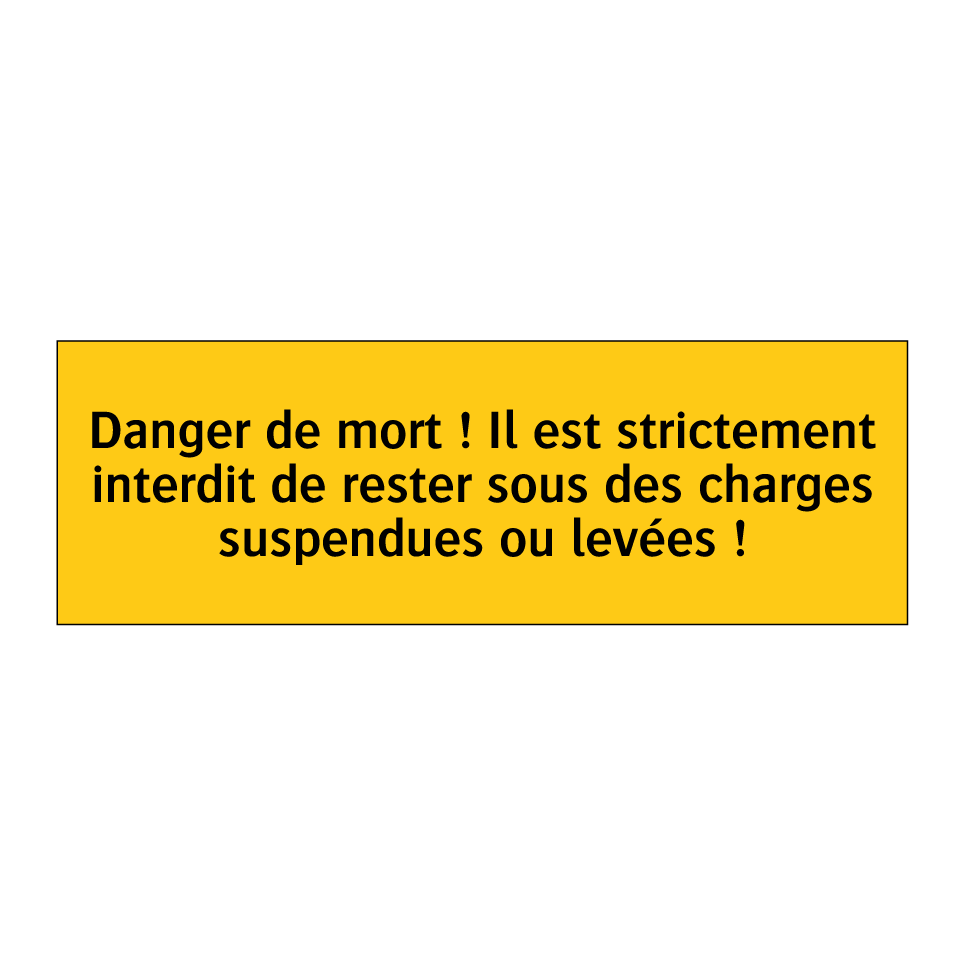 Danger de mort ! Il est strictement interdit de rester sous des charges suspendues ou levées !