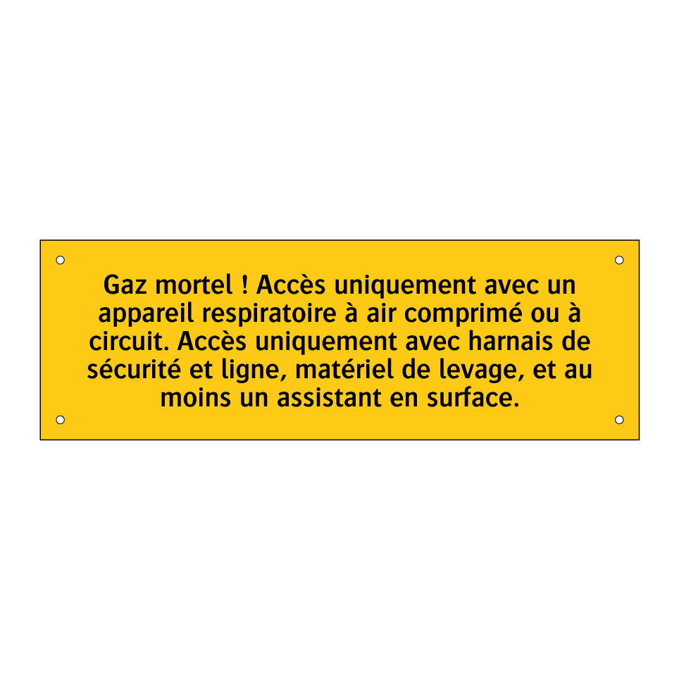 Gaz mortel ! Accès uniquement avec un appareil respiratoire à air comprimé ou à circuit. Accès uniquement avec harnais de sécurité et ligne, matériel de levage, et au moins un assistant en surface