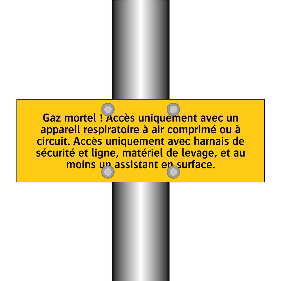 Gaz mortel ! Accès uniquement avec un appareil respiratoire à air comprimé ou à circuit. Accès uniquement avec harnais de sécurité et ligne, matériel de levage, et au moins un assistant en surface