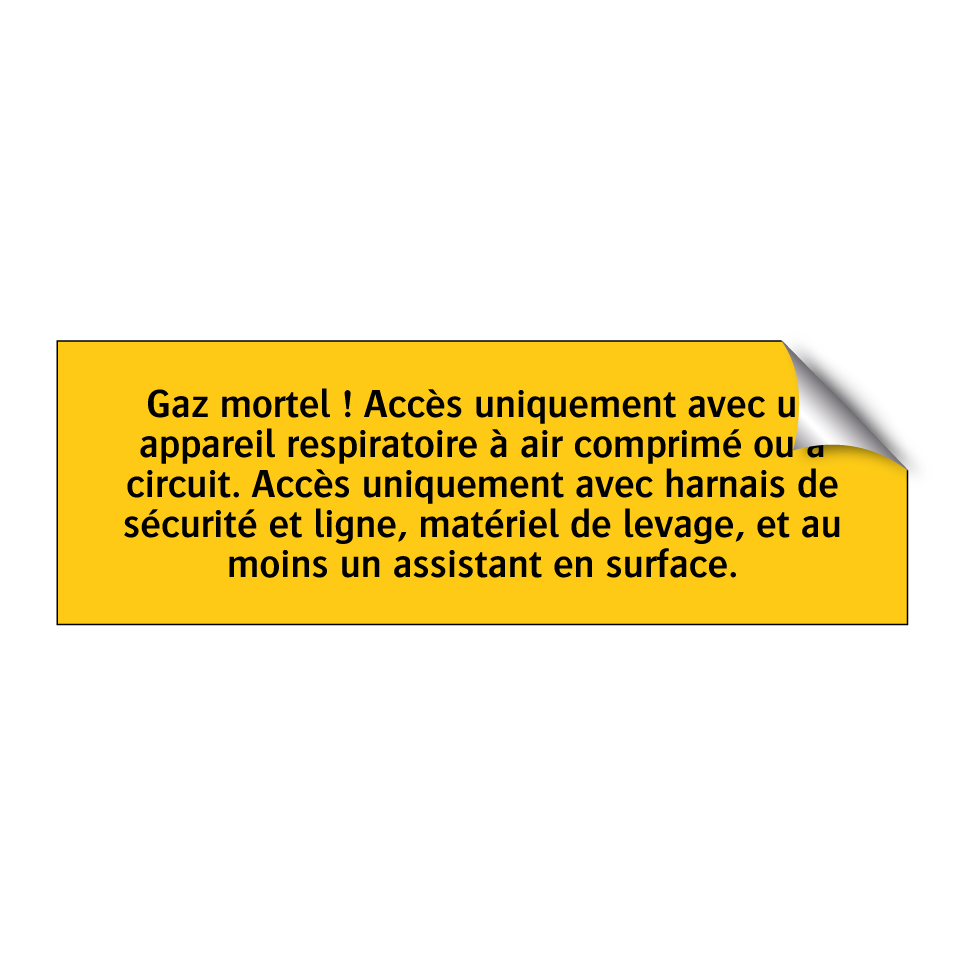 Gaz mortel ! Accès uniquement avec un appareil respiratoire à air comprimé ou à circuit. Accès uniquement avec harnais de sécurité et ligne, matériel de levage, et au moins un assistant en surface