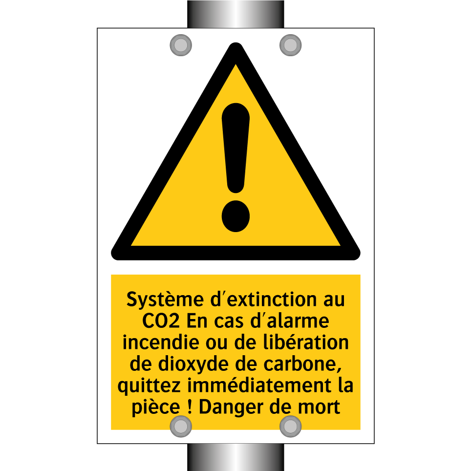 Système d'extinction au CO2 En cas d'alarme incendie ou de libération de dioxyde de carbone, quittez immédiatement la pièce ! Danger de mort
