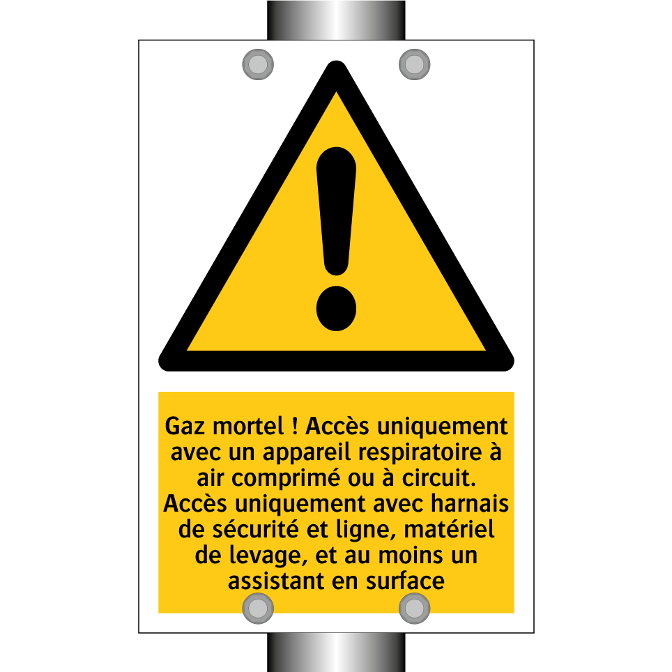 Gaz mortel ! Accès uniquement avec un appareil respiratoire à air comprimé ou à circuit. Accès uniquement avec harnais de sécurité et ligne, matériel de levage, et au moins un assistant en surface