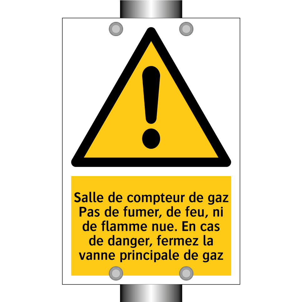 Salle de compteur de gaz Pas de fumer, de feu, ni de flamme nue. En cas de danger, fermez la vanne principale de gaz