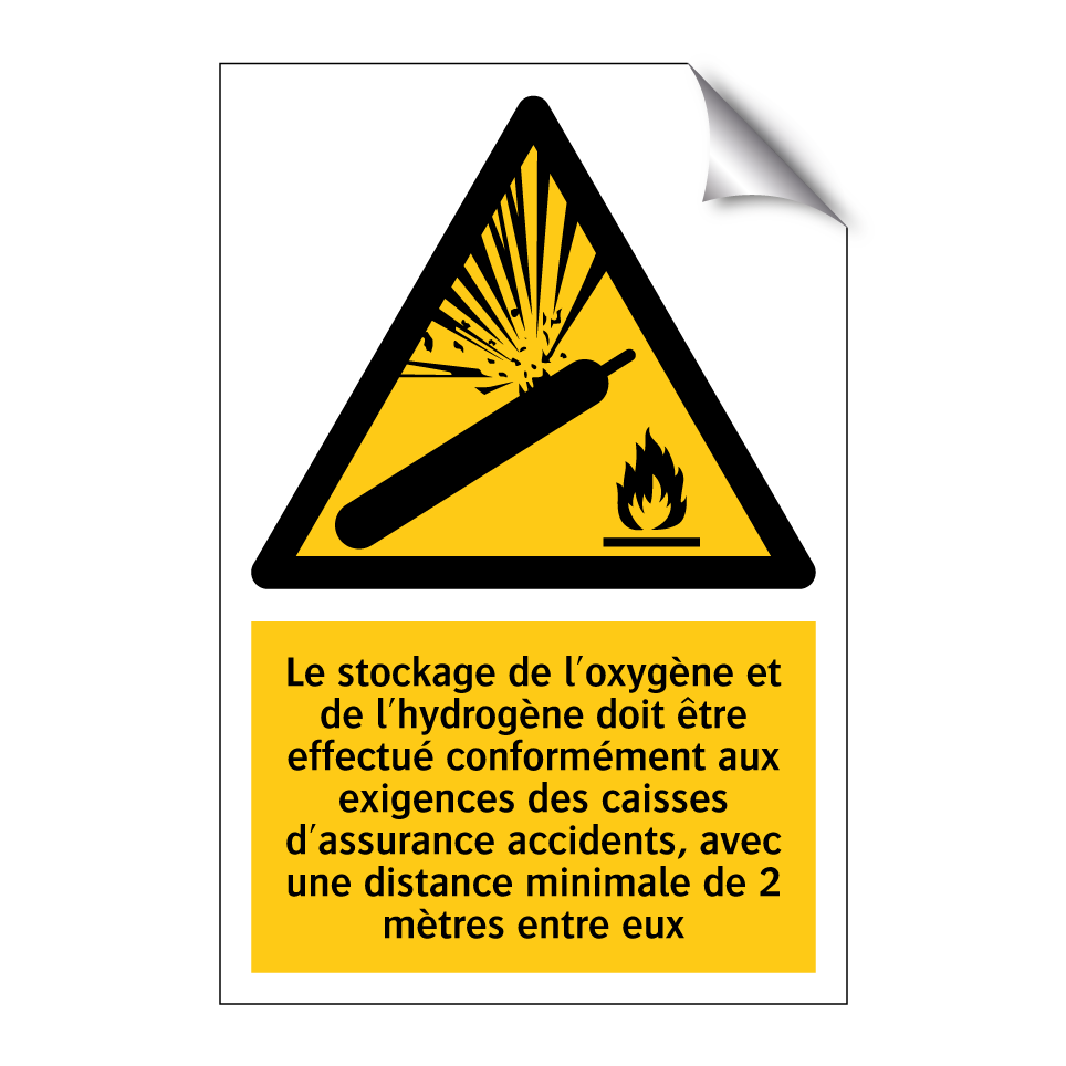 Le stockage de l'oxygène et de l'hydrogène doit être effectué conformément aux exigences des caisses d'assurance accidents, avec une distance minimale de 2 mètres entre eux
