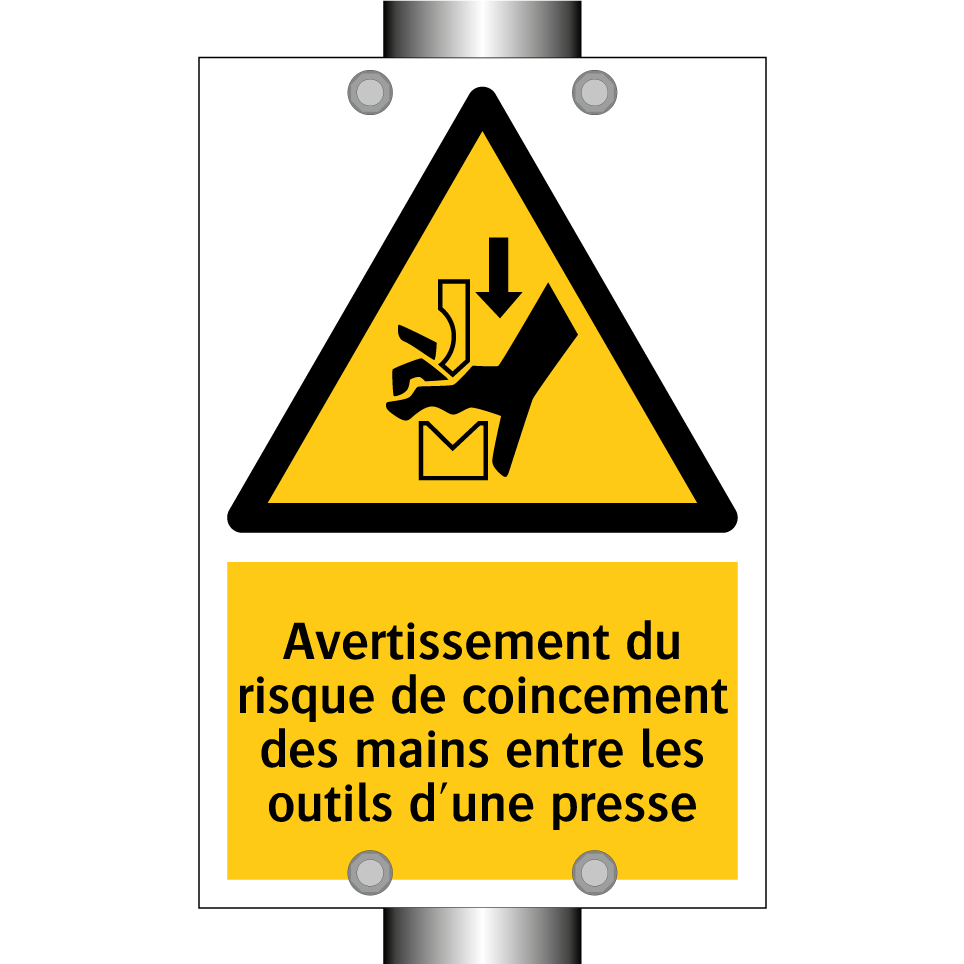 Avertissement du risque de coincement des mains entre les outils d'une presse