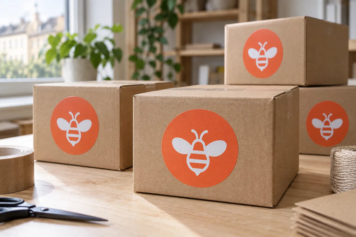 Round logo stickers on shipping boxes