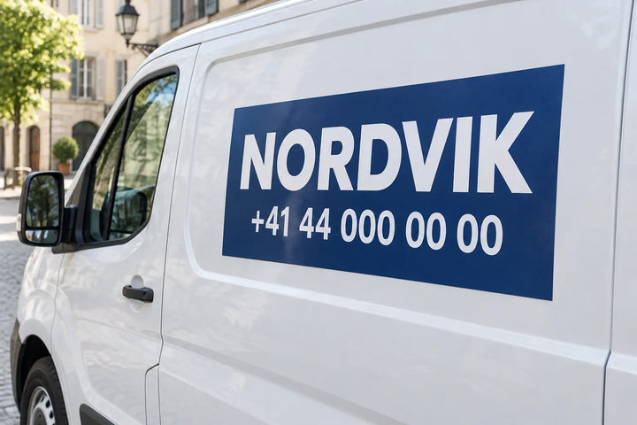 Company name vinyl decal on a white van